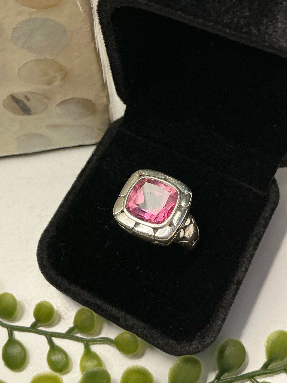JOHN HARDY Sterling Silver Pink Cushion-Cut Statement Ring. Size 6